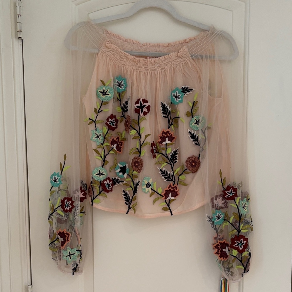 *SOLD* Rococo Sand Sheer Blouse with Floral Embroidery M